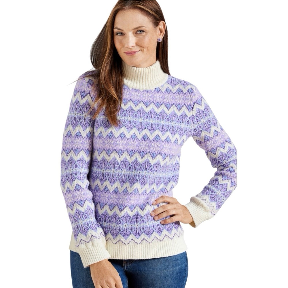 Talbots Cotton Wool Blend Mockneck Sweater L Petite‎ Purple Zag Fair Isle Nordic